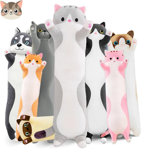 Long Cat Plush Pillow - 19.6in Cute Cat Plushie Stuffed Animals Body Pillow - Grey Kawaii Kitten Soft Plushie Doll Toy