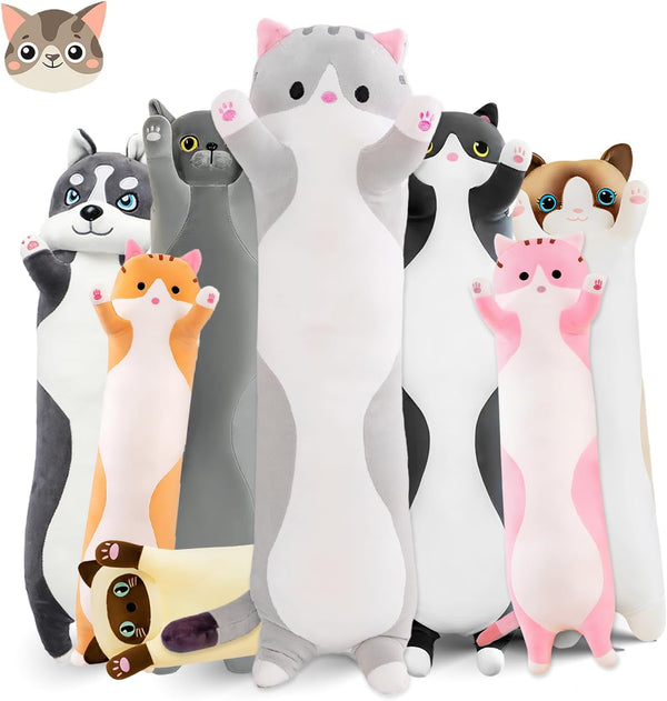 Long Cat Plush Pillow - 19.6in Cute Cat Plushie Stuffed Animals Body Pillow - Grey Kawaii Kitten Soft Plushie Doll Toy