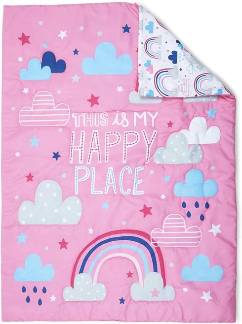 Funhouse Let's Chase Rainbows Toddler Bedding Set - 4 Piece Comforter, Sheet Set for Girls Bed, Pink