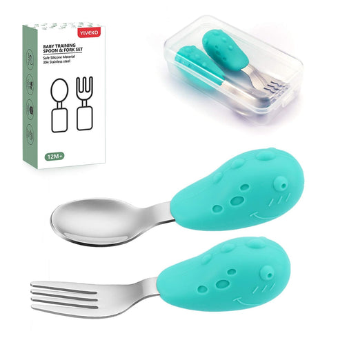 Baby Fork and Spoon Set with Carry Case, Toddler Training Utensils in Silicone and Stainless Steel - Dinosaur Design