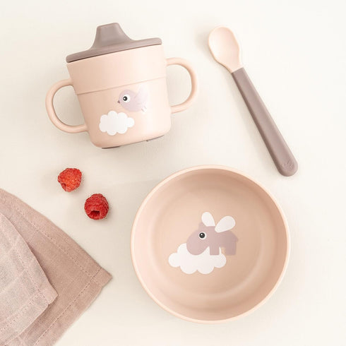 Set 2-Handle Set Done by Deer Foodie First Meal with Suction Base Bowl, Spout Cup & Spoon Happy Clouds Design in Powder