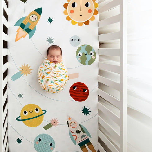 100% (52 28 inches) Rookie Humans Cotton Sateen Fitted Crib Sheet: Space Explorer. Modern Nursery, Use as a Photo