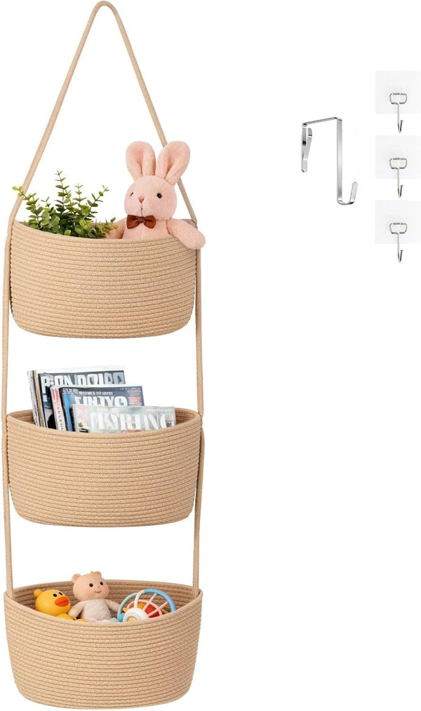 Goodpick 3-Tier Hanging Basket Over the Door, Cotton Rope Wall basket, Hanging
