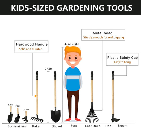 Sets, 7PCS 2-4, 5-7 Kids Rake and Shovel Child Metal Gardening Tools for Real Digging-Great for Garden, Yard, Sandbox
