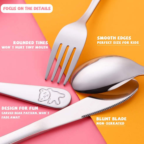 Kids Silverware Set, Stainless Steel Children Flatware, Toddler Utensils Set of 2, Silver