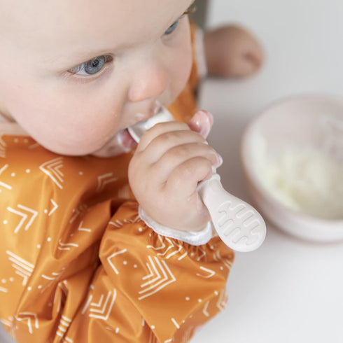 Bumkins Baby Utensil Set, Silicone Trainer Spoons for Dipping, Soft Tip, Self-Feeding, 3-pk Beige/Brown