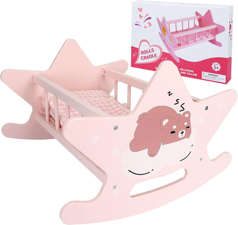 Offelec Wooden Baby Doll Crib Set, Pink Baby Doll Bed Toys, Rocking
