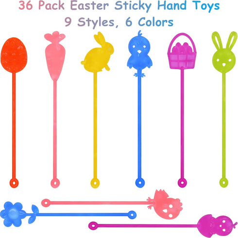 Howzcci 36 Pack Easter Sticky Hands Toys Easter Egg Bunny Chick Carrot Flower Basket Sticky Stretchy Toys for Kids