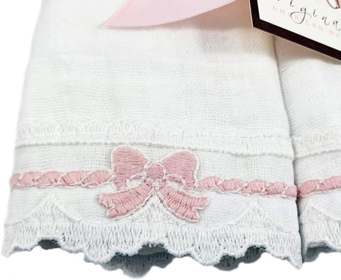 Set 2 Cotton & Lace Baby Girl Burp Cloth of ( Heirloom Collection ) Pink Bows + Option to Personalize with Name