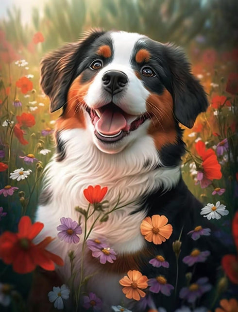 Bernese Mountain Dog 500 Pieces Puzzle for Adult - Flower Garden Happy Dog Wooden Jigsaw Puzzles Challenging Educational Fun Toys for Family Creative Gift