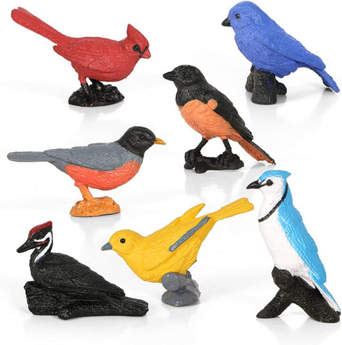 Mini Bird Figurines 7pcs - Cake Cupcake Topper, Miniature Birds for Kids Birthday and Baby Shower Party Supplies