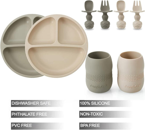 PandaEar Silicone Baby Feeding Set| 2 Pack Silicone Divided Suction Plate and 2 Pack Tiny Cup with 2 Spoons 2 Forks| Baby Led Weaning Supplies Self Feeding Eating Utensils (Light Tan/Walnut) by PandaEar