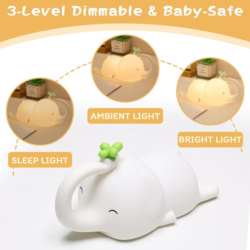 FRDEV 3 Dimmable Silicone Night Light for Kids, Squishy Elephant Lamp - Level Rechargeable with Timer, Safe Bedside