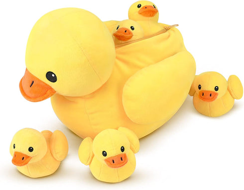 14" Playset 5pcs Yellow Duck Stuffed Animal with Babies, Ducky Plush with Zipper Pocket, Ducklings Toys Plushie