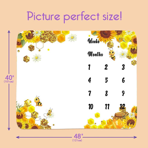 Baby Monthly Milestone Blanket, Sunflower Bee Honeycomb Design, 1 to 12 Months Unisex with 4 Frames