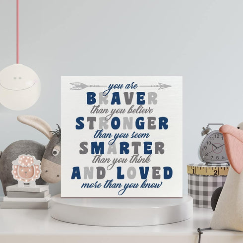 NKBINLILI Nursery Boys Room Wooden Box Sign - You Are Braver Than You Believe, Inspirational Baby Bedroom Desk Decor