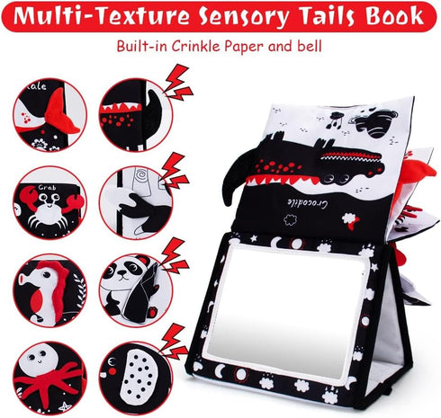 Tummy Time Mirror with Soft Book, Black and White High Contrast Baby Toys for Crawling