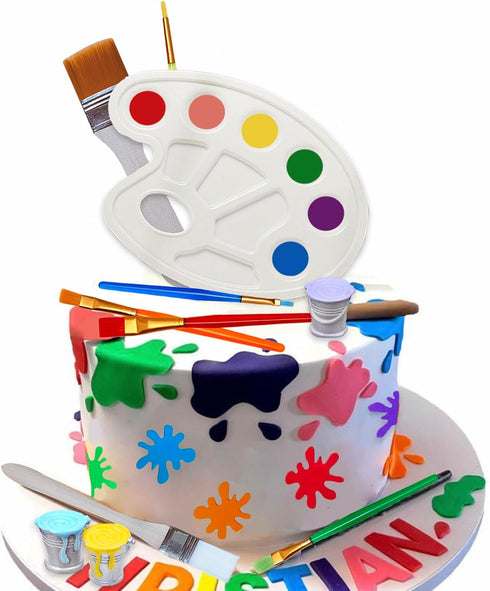 26 Pcs Art Cake Topper - Paint Cake Decorations with Paint Pen, Brush, Bucket for Kids Birthday Party