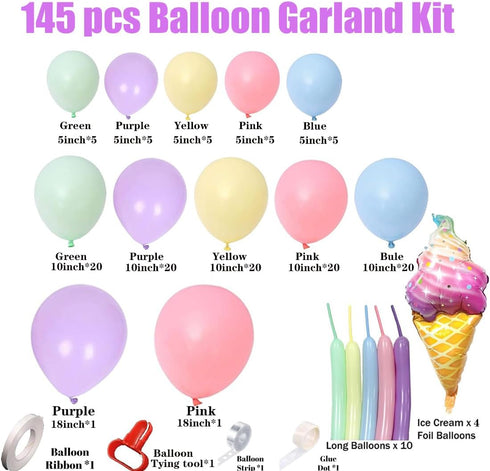 BSMLSPHW 145pcs Pastel Balloon Garland Arch Kit Macaron Rainbow Ballon with Long Foil Ice Cream Ballon for Baby Shower