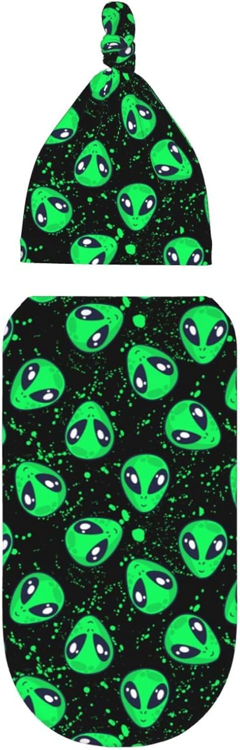 Green Alien Head Newborn Swaddle Blanket and Hat Set, Soft Baby Receiving Blanket for Infant Boy Girl Gift