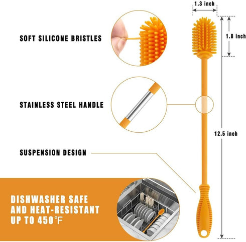 Silicone Bottle Cleaner with Long Handle, 12.5" Water Bottle Cleaning Brush for Baby Bottles, Hydro Flask, Sports