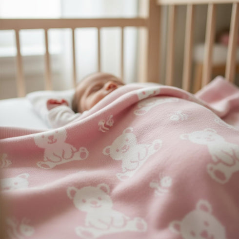 Cozy 30x40 Baby Knit Blanket Soft Cotton Blend with Bear and Bee Design Lightweight Infant Toddler Swaddle Nursery