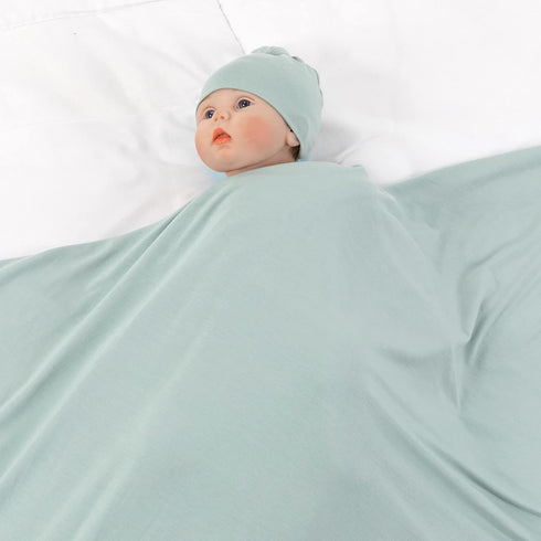 Large Jersey Knitted Swaddle Blanket for Baby, Soft Stretchy Receiving Blanket with Hat, 47 x 47 inches (Seafoam)