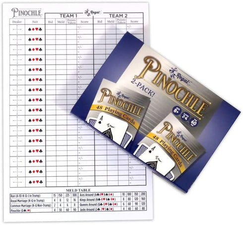 2 Pack Set 2 2-4 Regal Games Pinochle Playing Cards - Adult Card Game with Score Sheets & Deck of Pinochle Cards