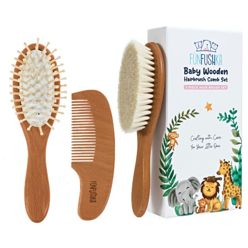 Baby Wooden Hair Brush and Comb Set for Newborn Toddler - Natural
