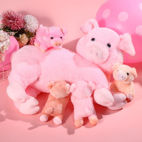Honoson Nurturing Pig Stuffed Animal with Babies, Soft Plush Set for Toddlers, 4 Magnetic Baby Pigs