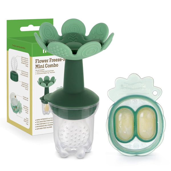 Haakaa Flower Baby Fresh Fruit Food Feeder with Mini Freezer Nibble Tray, Silicone Mesh Feeder for Infants 4M+ (Pea
