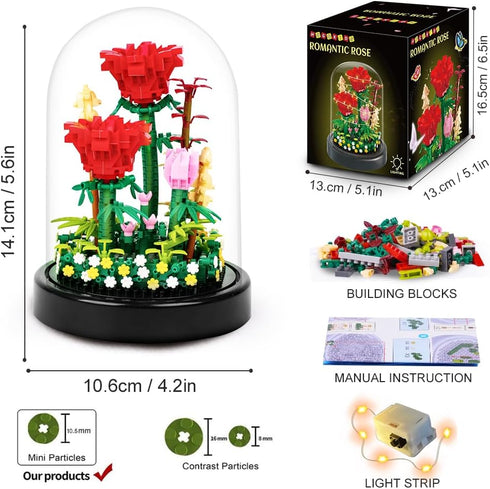 Set 596 HOGOKIDS Flower Bouquet Building with LED Lighting - PCS Red Rose with Cover Botanical Building Blocks Kits