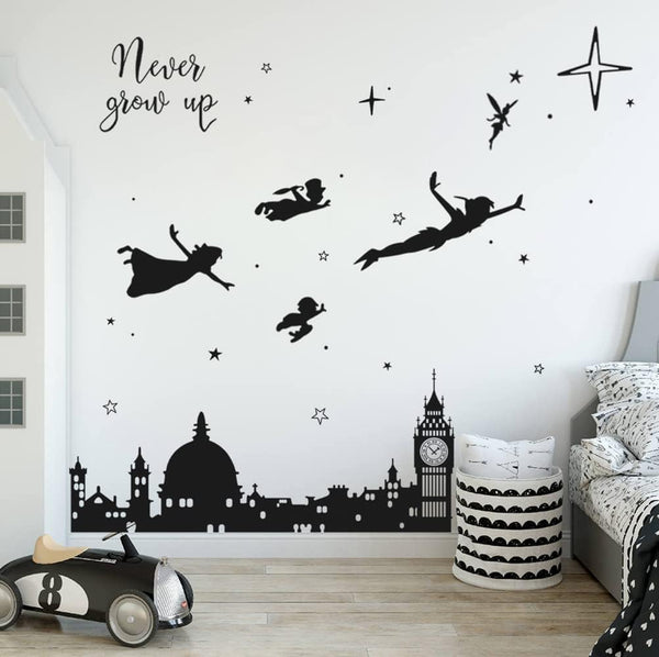 Runtoo Never Grow Up Nursery Wall Decals Quotes, Big Ben Cityscape Wall Stickers for Kids Room Baby Bedroom Decor