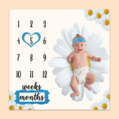 Baby Monthly Milestone Blanket, Daisy Big White Blanket for Nursery, Unisex for Newborn 1-12 Months, 47"x47"