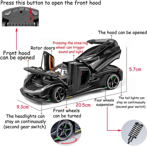 Toy Cars Model Koenigsegg Jesko 1/24 Black Alloy Collectibles, Die-cast Vehicles with Sound and Light