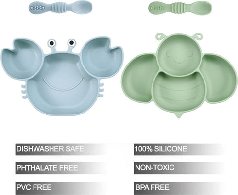 PandaEar 2 Pack Silicone Suction Plates for Baby, Divided Unbreakable Toddler Plate with 2 Pack Spoons for Self Feeding, Babies Utensils Feeding Set Baby Eating Supplies, Crab & Bee Shape -Blue&Green by PandaEar