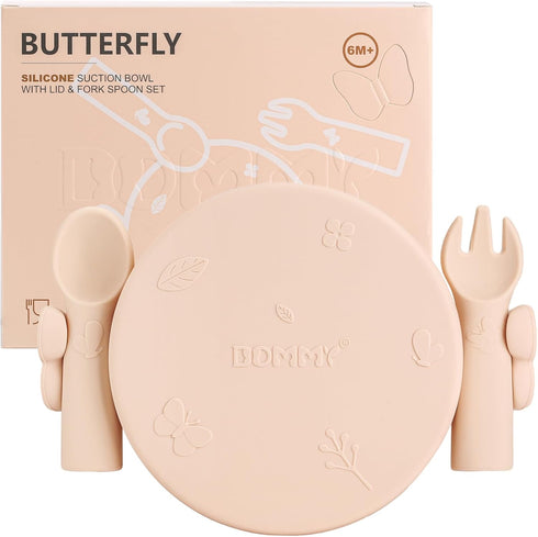 Butterfly Baby Feeding Set - Suction Bowl with Spoon & Fork, Baby Led Weaning Supplies, Toddler Utensils, Pink