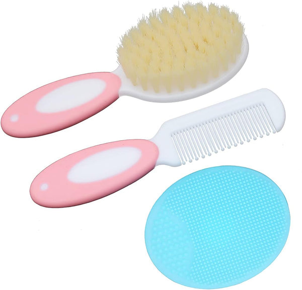 Baby Hair Brush & Silicone Cradle Cap Brush Set for Newborns & Toddlers, Natural Soft Goat Bristles, Pink