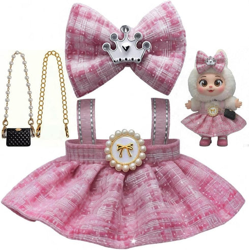 NOFEZA 17cm Doll Clothes, 17cm Dolls Outfit and Accessories with Plaid Dress, Crown