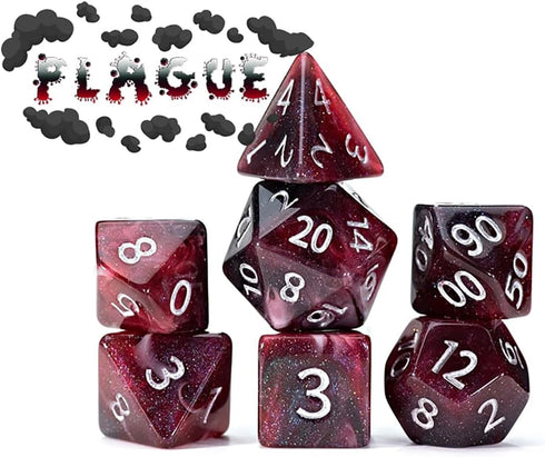 Gate Keeper Games Aether Dice: Plague - 7pc RPG Set in Black, Red & White Swirled with Glitter