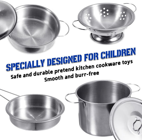 Cookware Pots and Pans Play Set, Mini Stainless-Steel Kitchen Cooking Utensils Toys for Kids, Educational Toy Kitchen