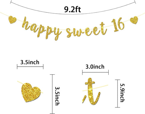 Happy Sweet 16 Banner - Gold Glitter Happy 16th Birthday Party Decorations, Cheer to 16 Years