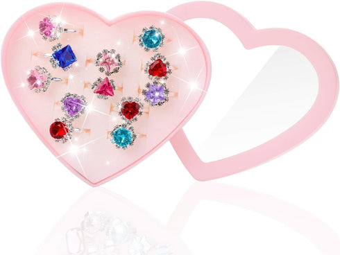 12 pcs Girls Crystal Adjustable Rings, Princess Jewelry with Heart Shape Box for Dress Up