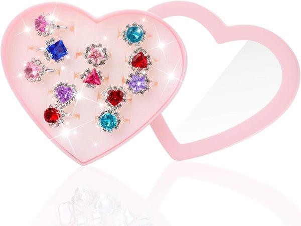 12 pcs Girls Crystal Adjustable Rings, Princess Jewelry with Heart Shape Box for Dress Up