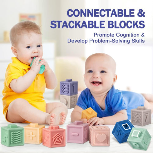 Jyusmile Baby Toys for 6-12 Months, Montessori Stacking Blocks, Soft Teething Toys & Sensory Balls