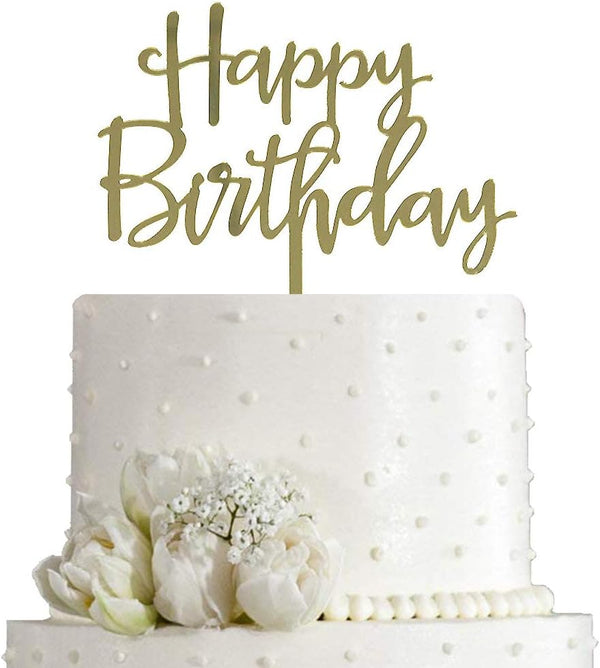 Happy Birthday Cake Topper - Birthday Party Decorations, Mirror Gold Acrylic