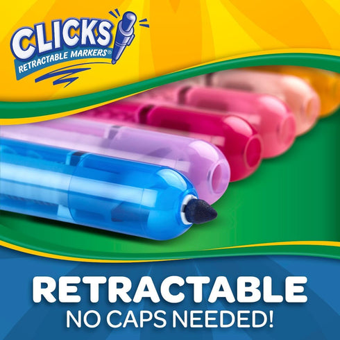 Crayola Clicks Retractable Tip Markers, 10ct, Washable Art Marker Set for Kids, Back to School Supplies