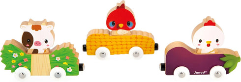 Janod Farm Wooden Animal Car Train Push and Go Playset - For Ages 18 Months to 3 Years (J03316)