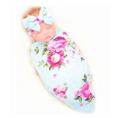 Galabloomer Flower Print Baby Swaddle Blankets Receiving Blanket Headband Set