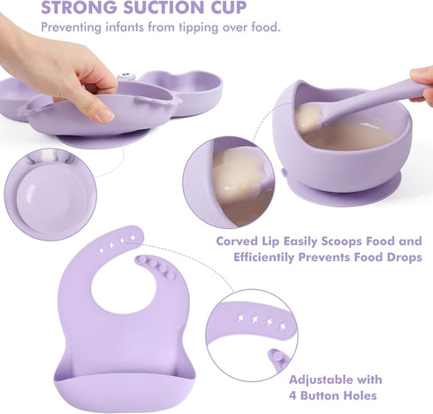 mraisebossup Set 15 Setpurple Silicone Baby Feeding PcsBaby Spoons Suction Bowl Divided Plate Bib Cup Finger Brush